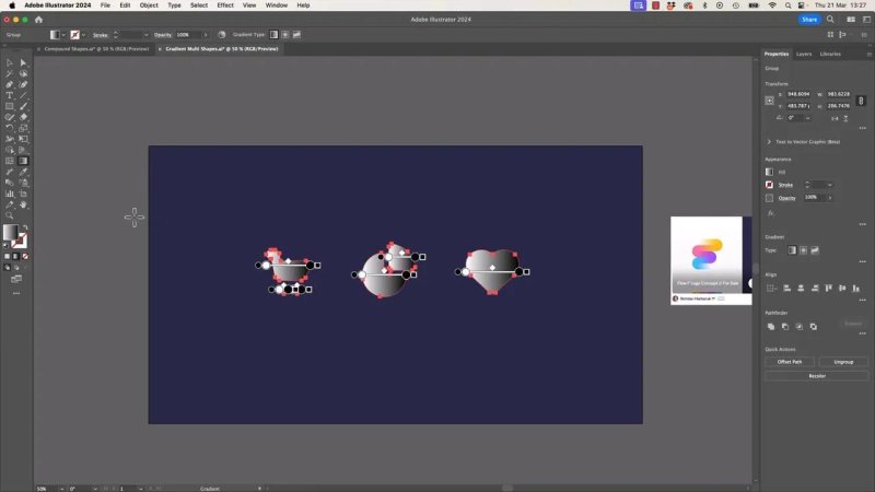 Adobe Illustrator workspace showing the Gradient tool active over three individual shapes, displaying three separate default black-to-white linear gradient annotator bars before they are merged.