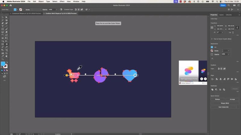 The Gradient tool active across a compound path in Adobe Illustrator, showing a single unified annotator bar stretching horizontally across all three icons to sample and distribute color smoothly.