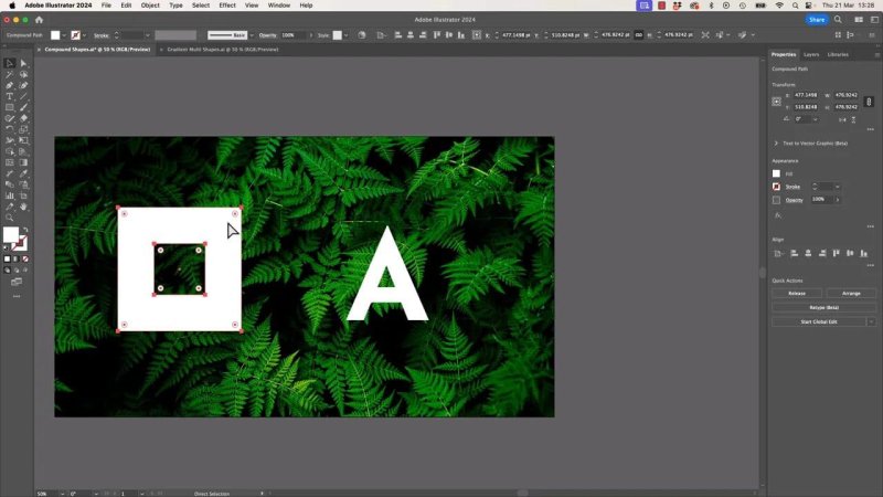 Adobe Illustrator workspace showing a white compound path square with a cutout center revealing a background image of green ferns, positioned next to a white vector letter 