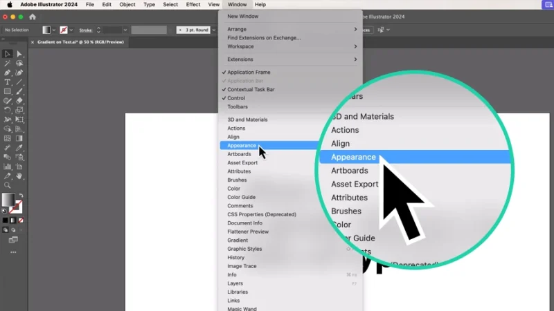 accessing the appearance panel from the top menu bar in adobe illustrator