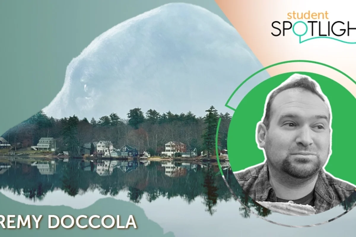 photo of Jeremy Doccola with a photo of houses on the lake