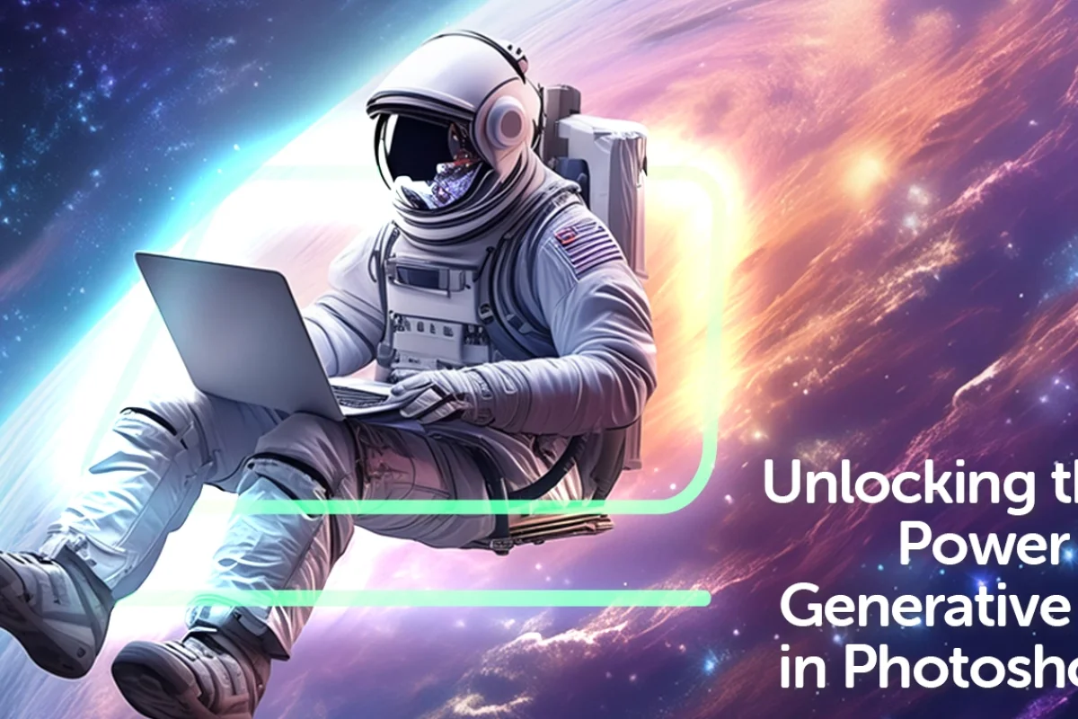 an astronaut is in outer space looking at a laptop with the text overlay unlocking the power of generative ai in photoshop