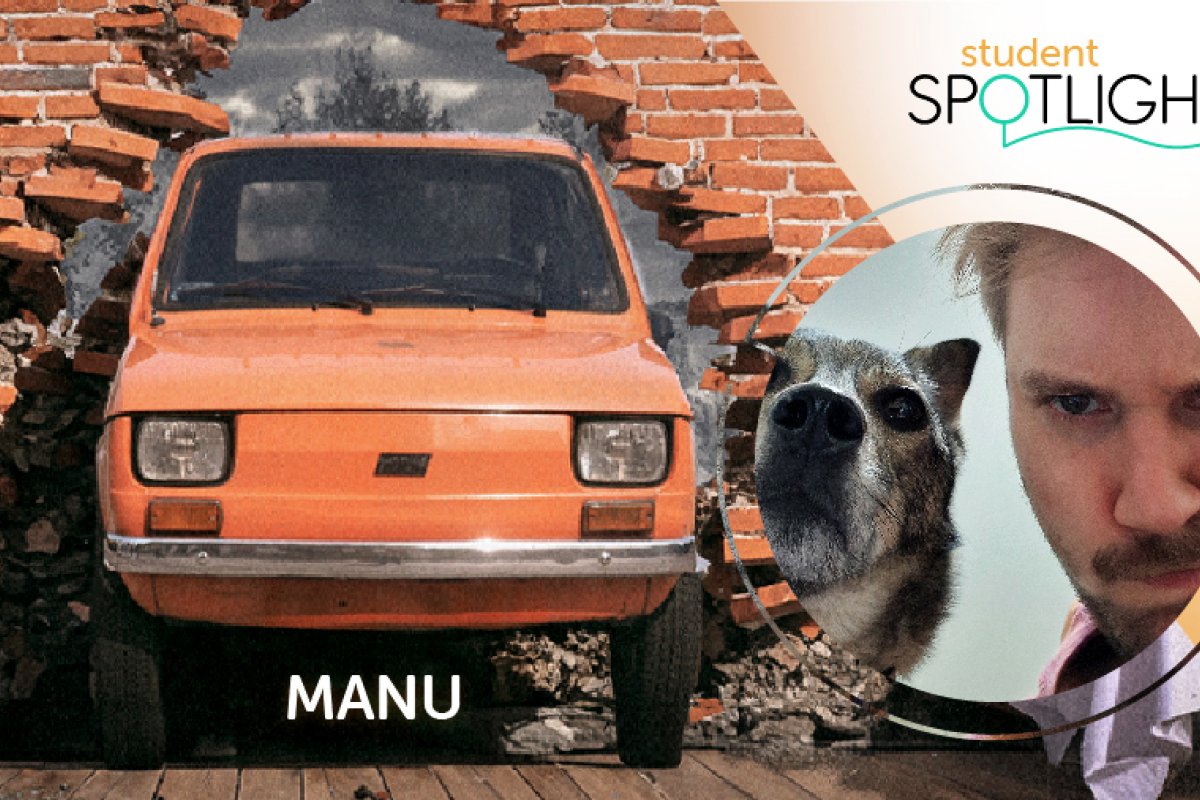 picture of Manu with a photo of a fiat breaking through a brick wall