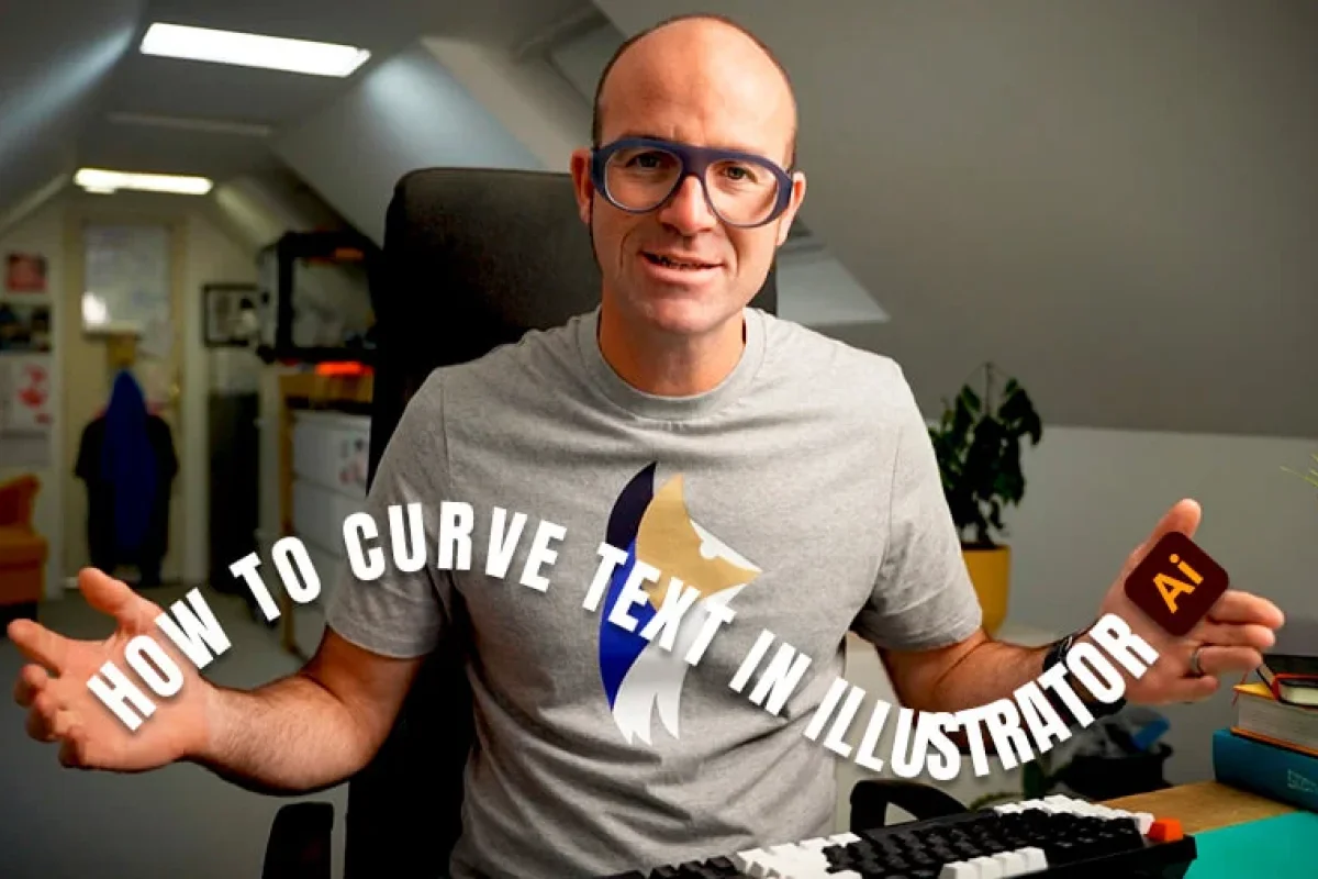 Daniel Scott smiles at the camera and inbetween his hands is the text: how to curve text in Adobe Illustrator