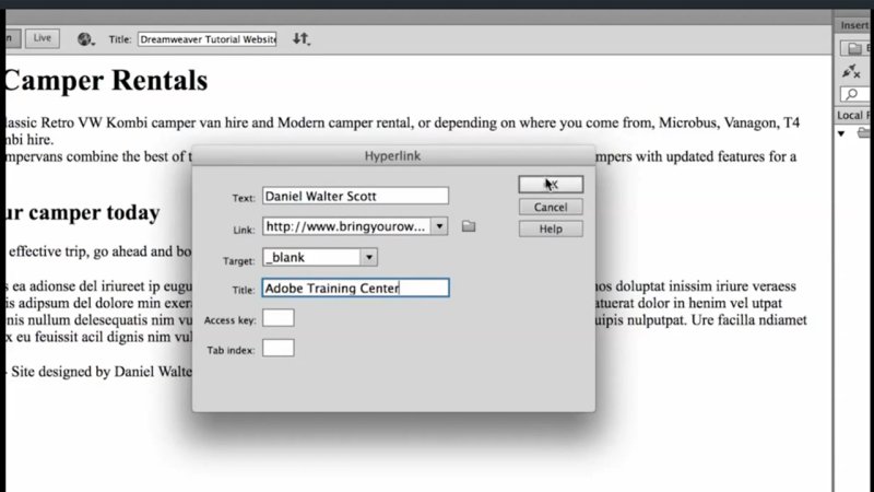Dreamweaver workspace showing the modal Hyperlink window open over webpage body copy