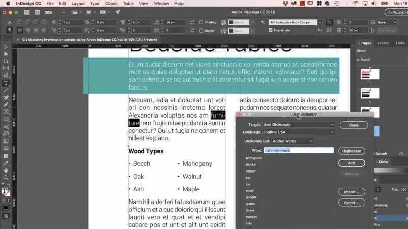 InDesign workspace highlighting the word 