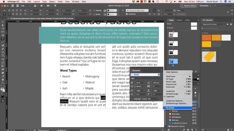 InDesign layout showing selected text 