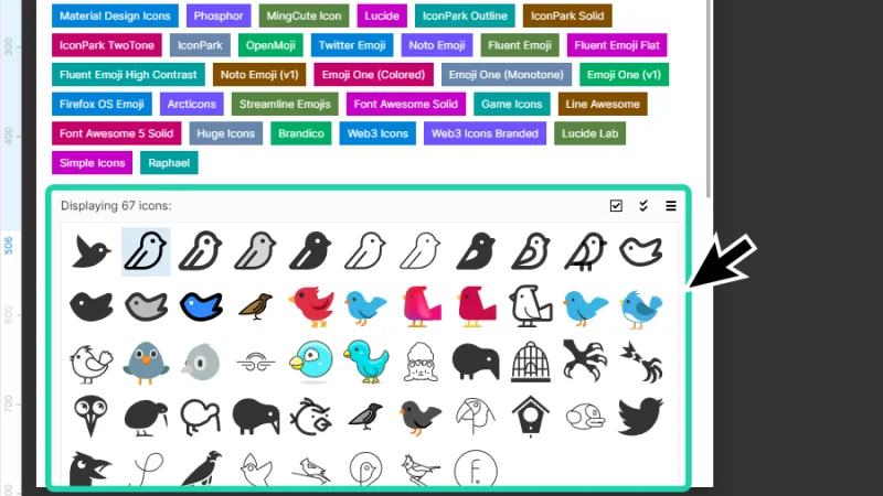 bird icon search result in iconify highlighted in figma