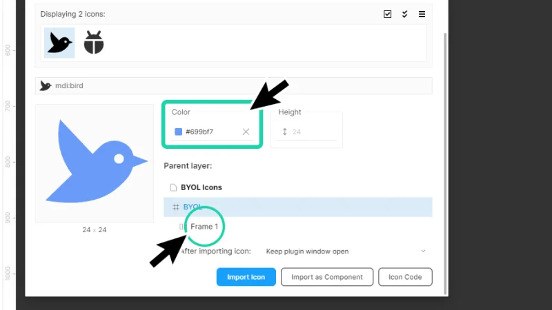 setting bird icon attributes in the iconify plugin
