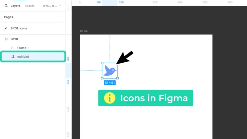 blue bird icon highlighted inside parent frame in figma