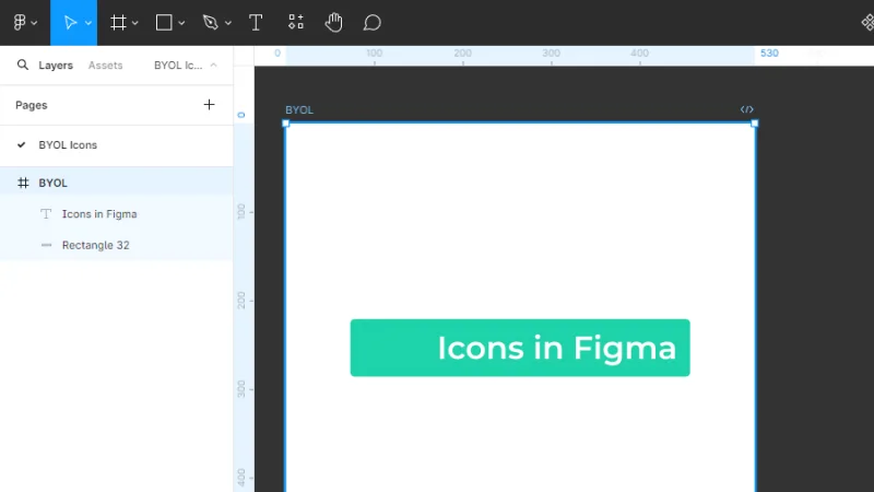 new figma frame displaying a rectangle and a text element that reads icons in figma