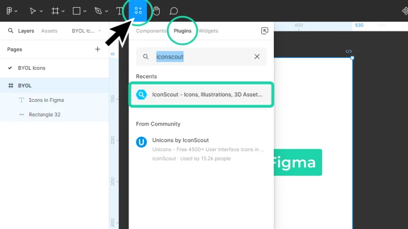 searching for the plugin iconscout from the plugins panel in figma