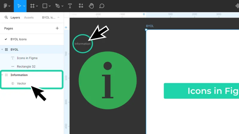 information icon frame highlighted on layers panel in figma
