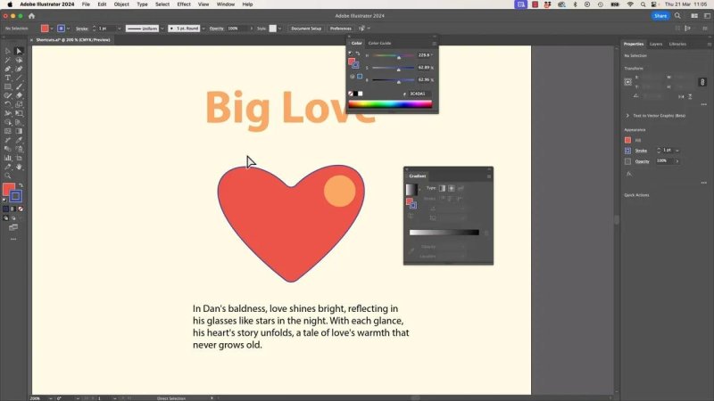 Adobe Illustrator workspace showing the Color and Gradient floating panels active over the canvas, used to modify the color properties of the selected red heart illustration.