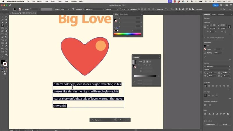 Adobe Illustrator workspace showing a paragraph of text fully highlighted with a text cursor, with the Properties panel open on the right displaying typography and paragraph alignment options.