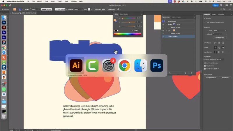 A macOS application switcher overlay visible over the Adobe Illustrator workspace, showing active app icons for Illustrator, Photoshop, InDesign, Premiere Pro, and After Effects.