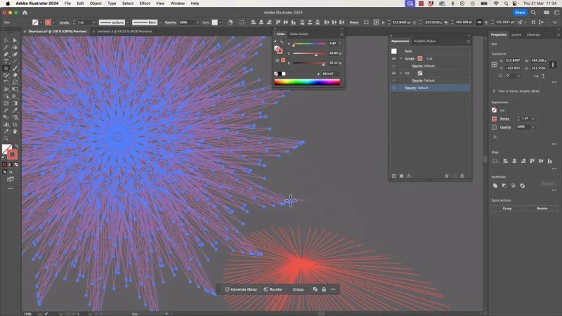 Adobe Illustrator canvas displaying an intricate, massive vector star burst shape composed of thousands of overlapping blue lines, anchor points, and handles being edited with the Direct Selection tool.