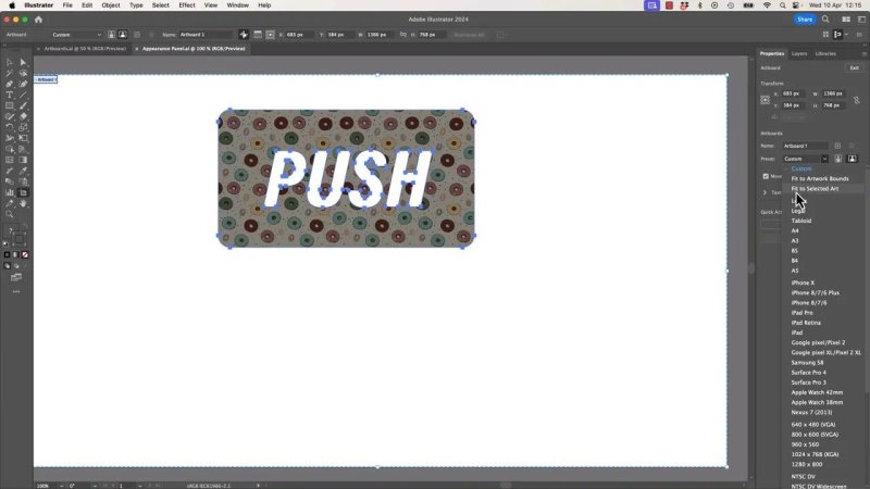 Adobe Illustrator workspace showing the word 