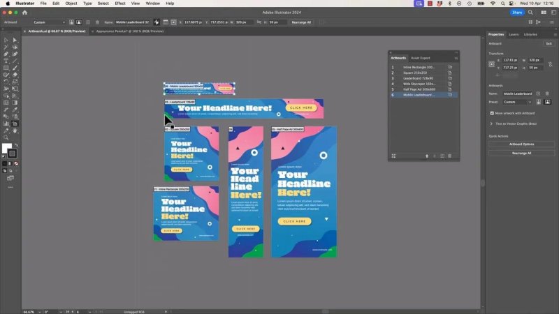 A multi-artboard setup in Adobe Illustrator displaying various digital banner and leaderboard layouts. The Artboards panel is open on the right side, showing a numbered list of six active artboards.