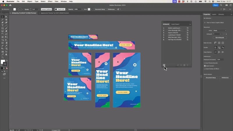 Adobe Illustrator canvas displaying an array of six digital campaign assets of varying dimensions, with an overlay of the Artboards flyout menu showing organizational options.