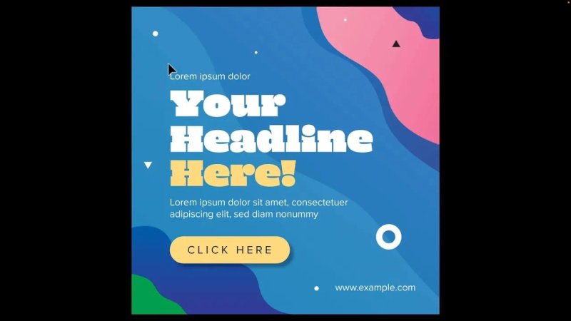 A close-up view of a square digital ad mockup in Adobe Illustrator featuring bold white text reading 
