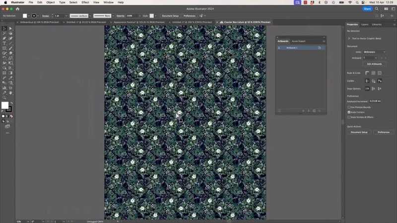 Adobe Illustrator canvas displaying a complex, seamless floral pattern filled with dark leaves and small white flowers across the entire designated preview area.