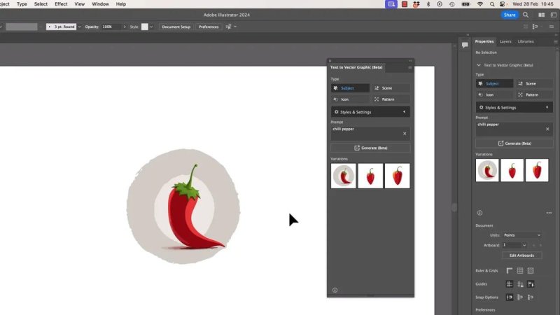 Adobe Illustrator interface displaying a vector red chili pepper graphic on the artboard generated using the Text to Vector Graphic panel with the prompt 