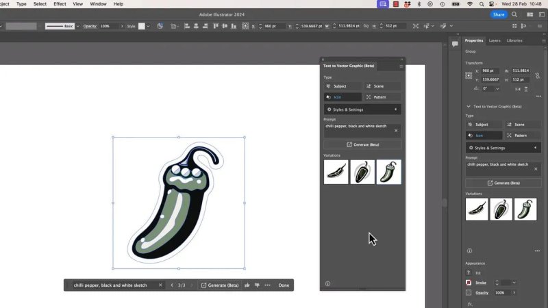 Adobe Illustrator artboard showing a selected dark green chili pepper vector illustration, generated via Text to Vector Graphic using the prompt 