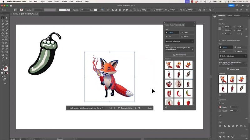 Adobe Illustrator canvas featuring a stylized cartoon fox holding a flaming chili pepper, generated via Text to Vector Graphic with the prompt 