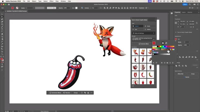 Adobe Illustrator interface showing vector artwork recoloring, with anchor points selected on a green and red chili pepper graphic alongside an open color swatch palette.