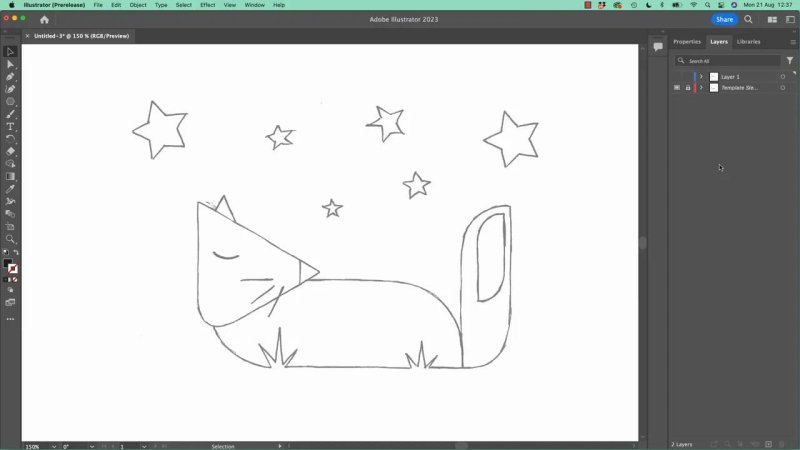 The final workspace view in Adobe Illustrator showcasing the raw, line-art sketch of a fox and star elements.