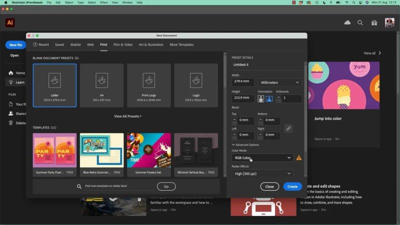 Adobe Illustrator New Document dialog box showing preset configurations, with parameters set to a single Letter format artboard measured in millimeters.