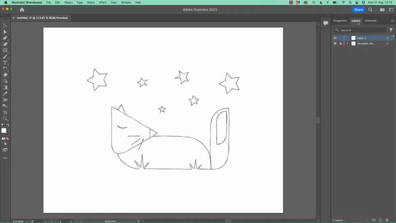 Adobe Illustrator 2023 workspace with a hand-drawn pencil sketch of a stylized fox and stars placed on a background layer, locked using the Layers panel to act as a tracing template.