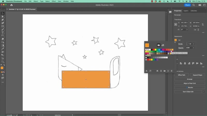 An orange vector rectangle drawn on the artboard with the Rectangle tool, showing the Swatches panel active to apply a vibrant fill color over the sketch guide.