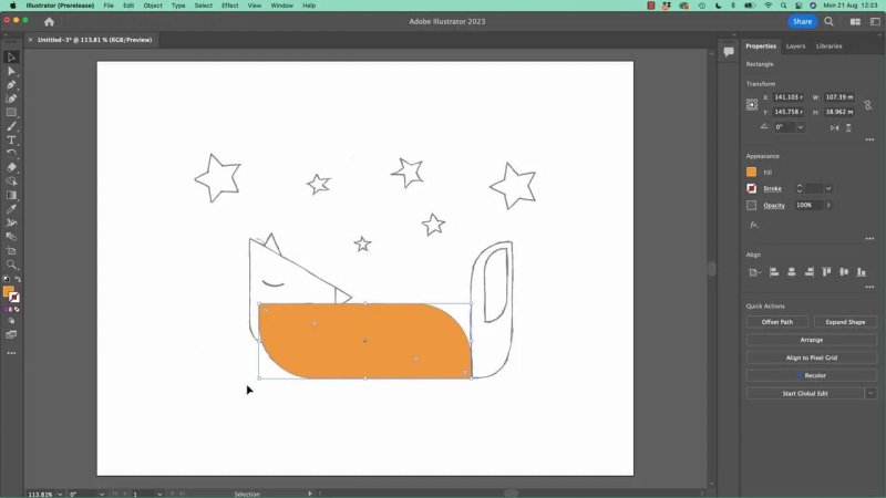 Adobe Illustrator artboard showing a selected orange primitive rectangle being modified with Live Corner widgets to round specific edges, forming a smooth base for an animal body shape.