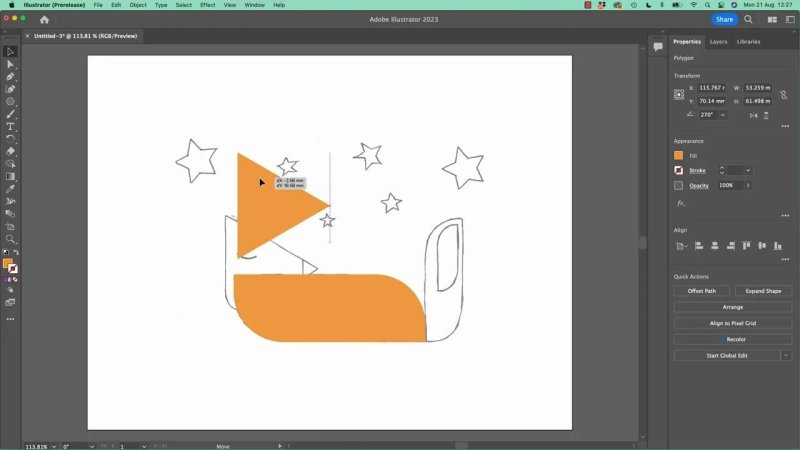 An orange vector triangle created with the Polygon tool being moved and transformed over a character design layout sketch to establish geometric head proportions.