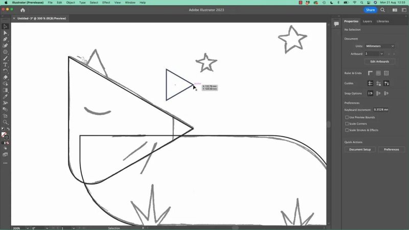 A close-up 300 percent zoom view in Adobe Illustrator showing an anchor point handle being precisely aligned to an intersection line on a geometric head shape.