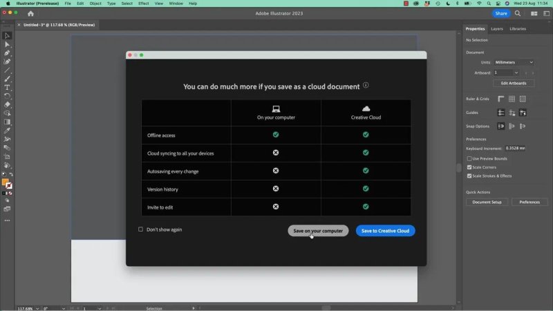 Adobe Illustrator modal dialog comparing features between saving files locally to a computer versus saving as a Creative Cloud document.