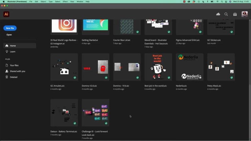Adobe Illustrator Home screen displaying a grid of recent Creative Cloud document thumbnails under the 