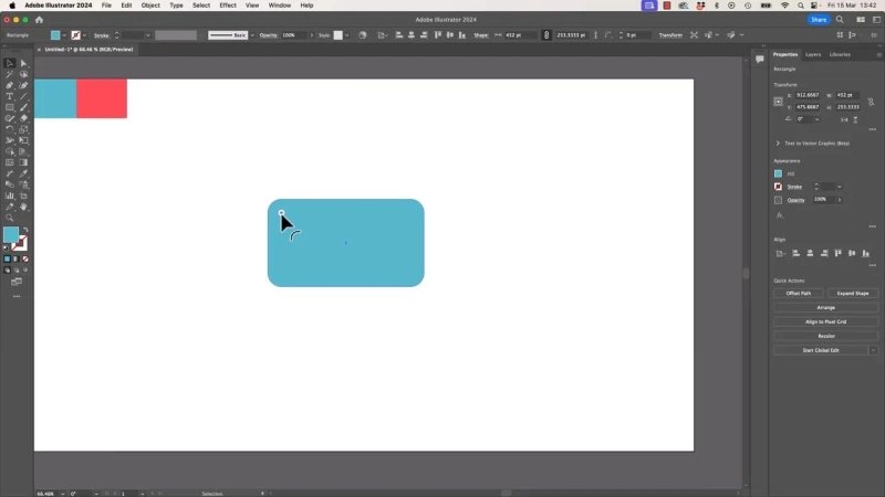 Adobe Illustrator workspace showing a light blue rectangle with its corner radius being rounded dynamically by clicking and dragging one of its internal Live Corner widgets with the Selection tool.