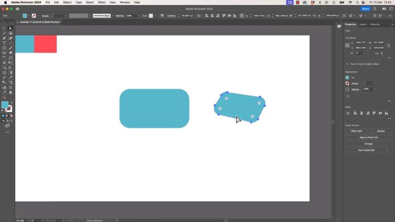 A multi-layered layout in Adobe Illustrator showing a rotated light blue polygon shape selected with the Direct Selection tool, displaying its individual active anchor points and roundness widgets.