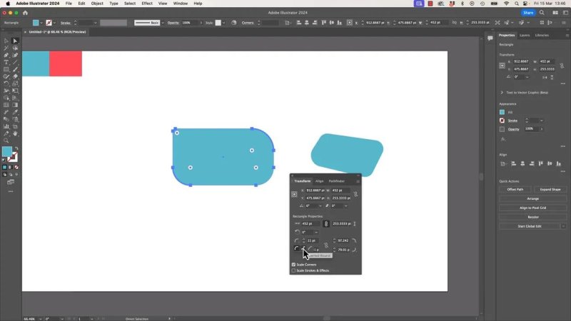 The Transform floating panel open over a light blue vector shape in Adobe Illustrator, with the cursor clicking on the 