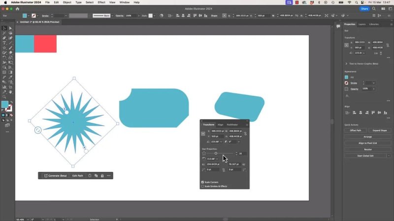 Adobe Illustrator workspace showcasing a multi-pointed vector star shape being edited next to the open Transform panel, demonstrating how Live Corner widgets apply down to star point variables.