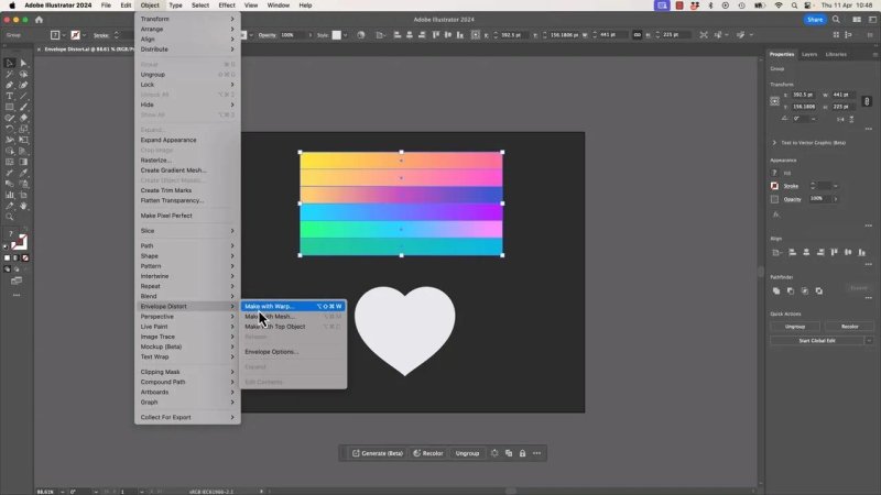 Adobe Illustrator workspace showing a selected horizontal multicolored striped rectangle above a white heart icon. The 'Object' menu is open, navigating to 'Envelope Distort > Make with Warp...'.