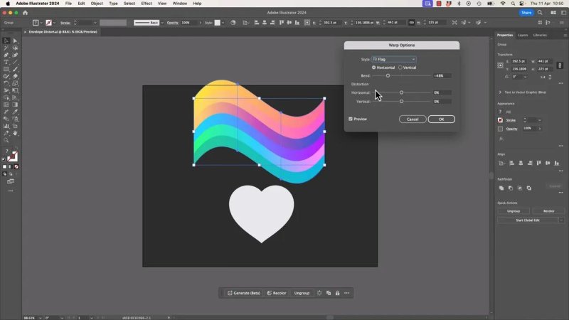 The 'Warp Options' dialog box open in Adobe Illustrator with the style set to 'Flag' and a negative bend percentage applied, showing a real-time wavy deformation of the striped graphic.