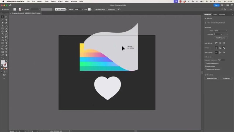 Adobe Illustrator canvas showing a custom grey wavy vector silhouette being dragged over a multicolored striped rectangle using the Selection tool.