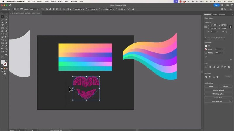 Adobe Illustrator workspace displaying multiple experimental elements, focusing on a selected white heart container that holds distorted pink text reading 
