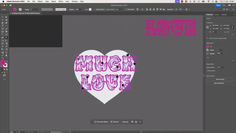 The Puppet Warp tool active in Adobe Illustrator, showing control pins placed over the stylized text 
