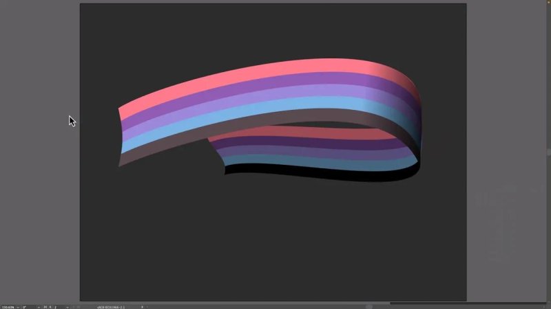 A stylized 3D-looking vector ribbon on a dark grey background in Adobe Illustrator, composed of horizontal stripes in pink, purple, blue, and brown, flowing into a curved, overlapping loop.