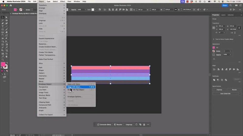 Adobe Illustrator workspace showing a flat, multi-colored horizontal striped block selected, with the 'Object' menu open and navigating to 'Envelope Distort > Make with Mesh...'.